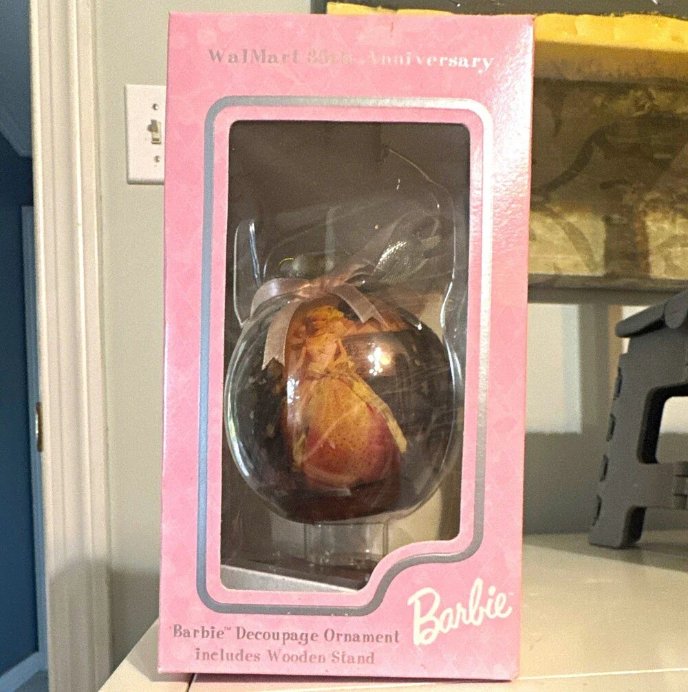 Wal Mart Barbie Christmas Holiday Round Ball Ornament w/ Wooden Stand